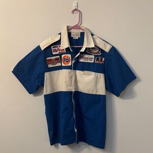 Men's Short Sleeve Racing Patch Button-Down Shirt - Blue & White